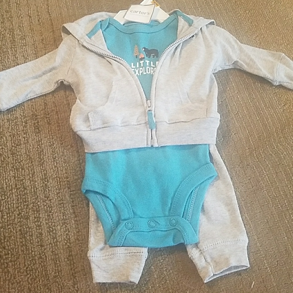 Grey and blue jacket, onesie, and pants set